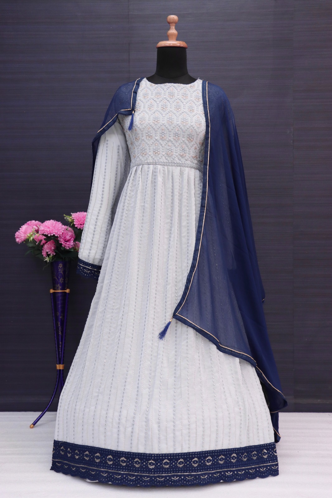 BLUE Nayra Cut Style Designer Shalwar Kameez Palazzo Suit Pakistani Indian Wedding Party Wear Heavy Embroidery Worked Long Anarkali Style Dresses